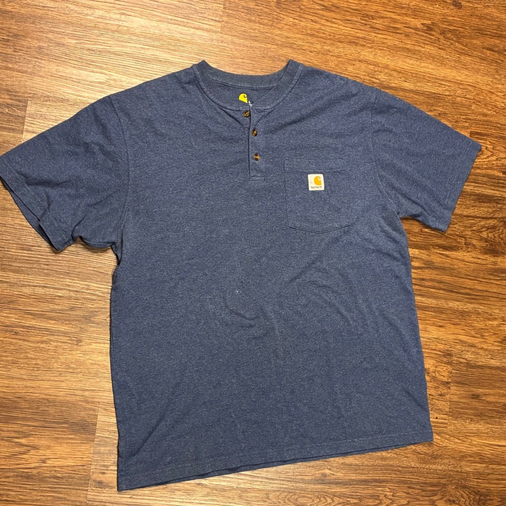 Carhartt Henley T-Shirt Mens Large Blue Short Sleeve Pocket Workwear